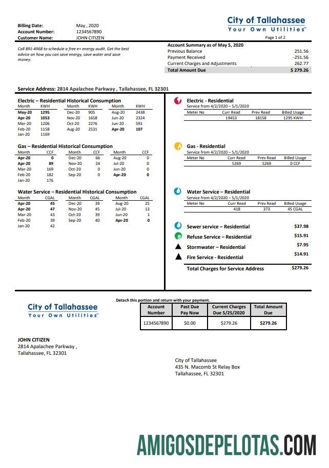 Para baxiar EUA Flórida Cidade de Tallahassee Flórida Seu próprio modelo de conta de serviços públicos em formato Word e PDF